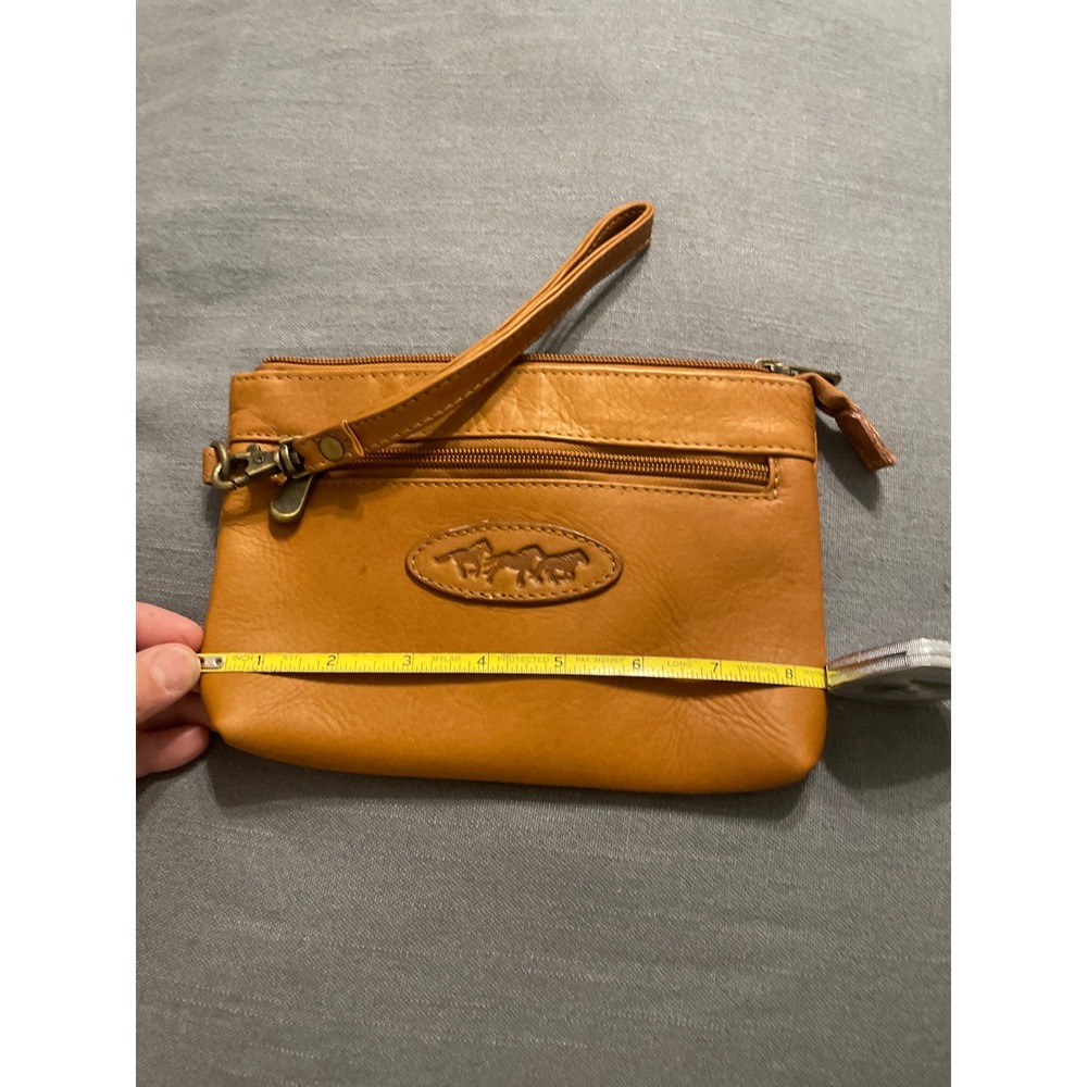 Western Tan Leather Wristlet Clutch Horse Embossed Pouch Bag Brass Hardware - Picture 3 of 4